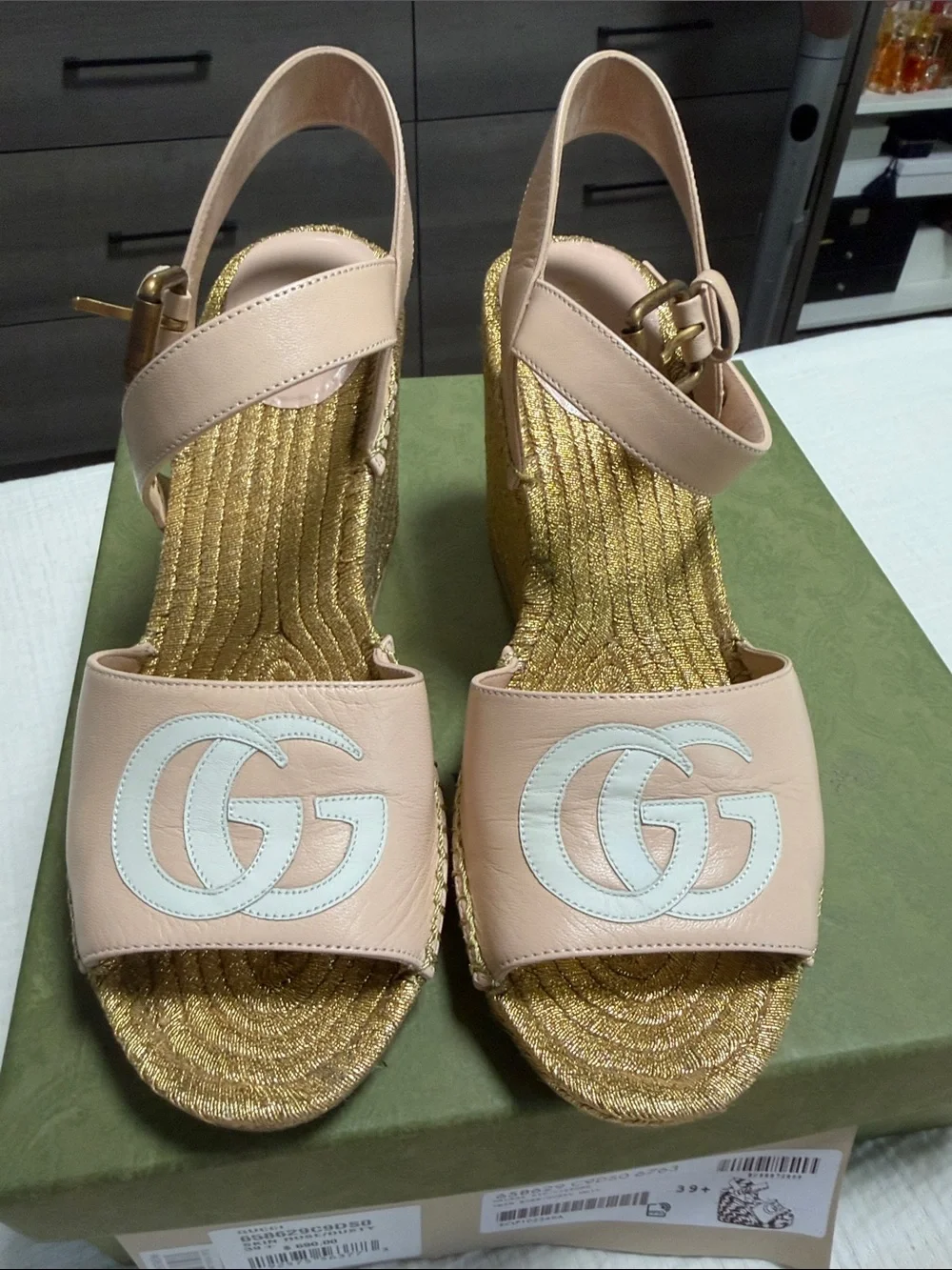 Gucci Pink Leather GG Espadrille Wedge Sandals with Gold Rope Platform
